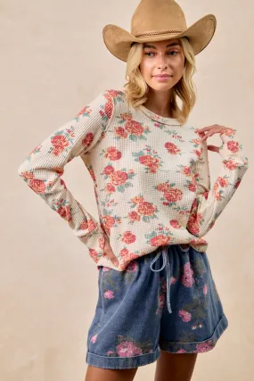 Fit For Travel Weekday Street Look IT4547G-02 | FLORAL PRINT WASHED WAFFLE THERMAL TOP WITH THUMB
