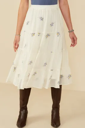 Daily Motion Floral Embroidered Tiered Elastic Waist Skirt