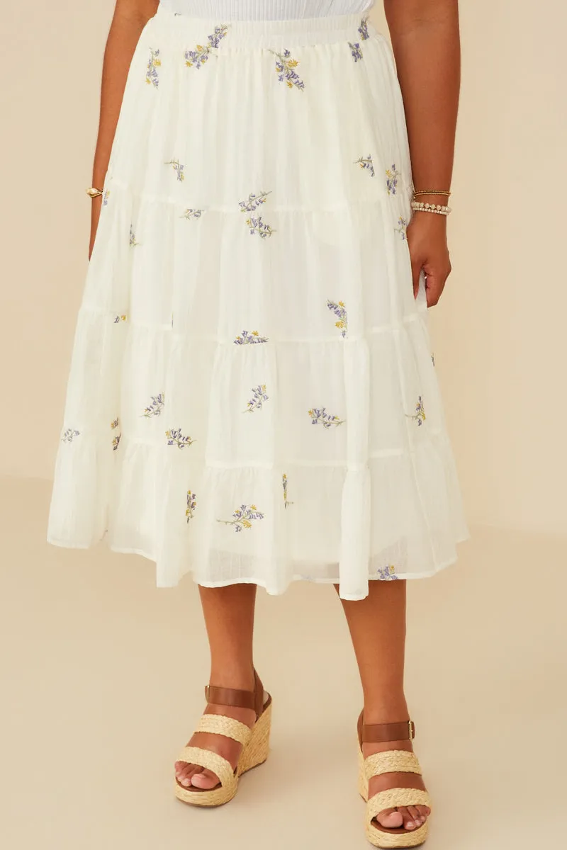Floral Embroidered Tiered Elastic Waist Skirt Work Flex