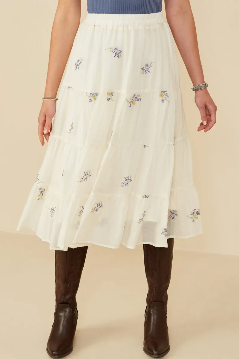 Floral Embroidered Tiered Elastic Waist Skirt Cool Weather Cozy Comfort
