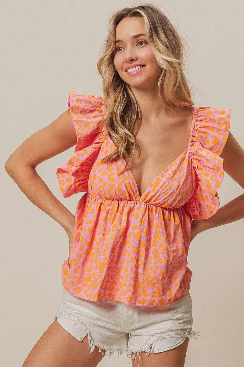 Insulated Warmth Daily Look IP8895-07 | LEOPARD PRINT FLUTTER SLEEVE PEPLUM TOP