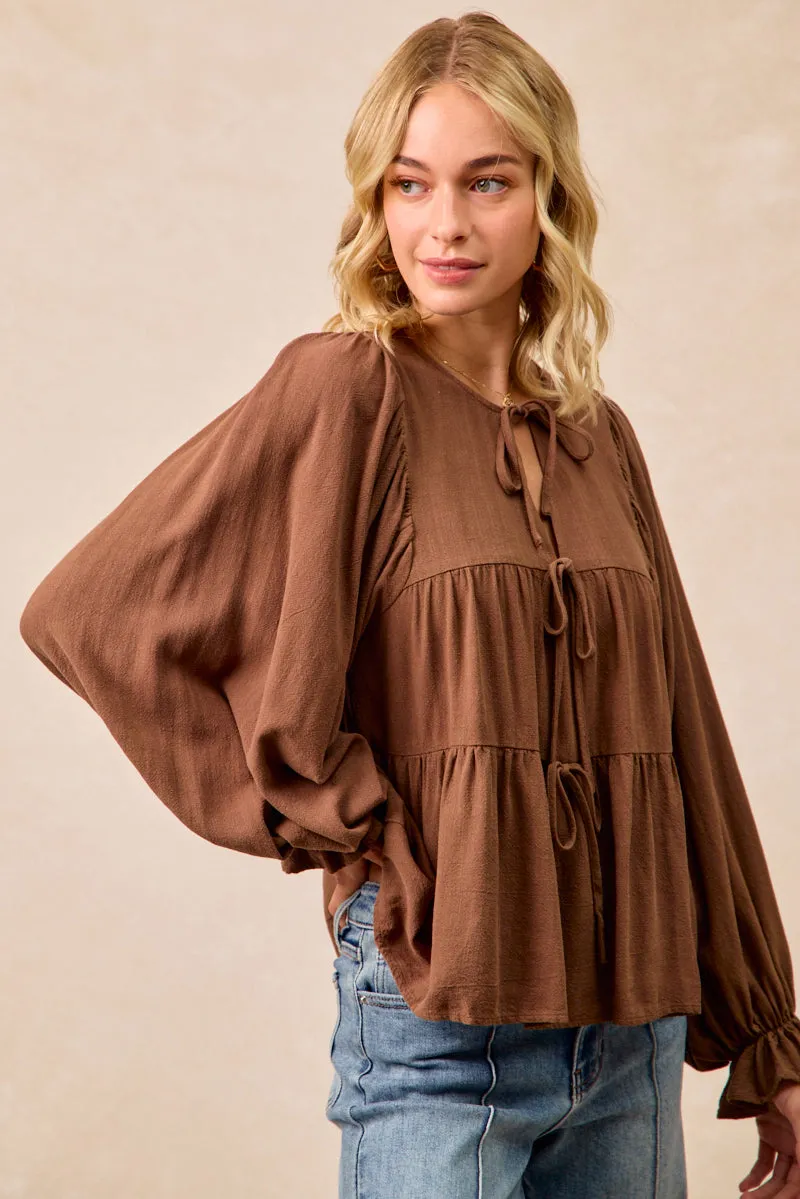 IT4450H-03 | LINEN LIKE SOLID TOP WITH BOW TIED DETAILS Mid Length