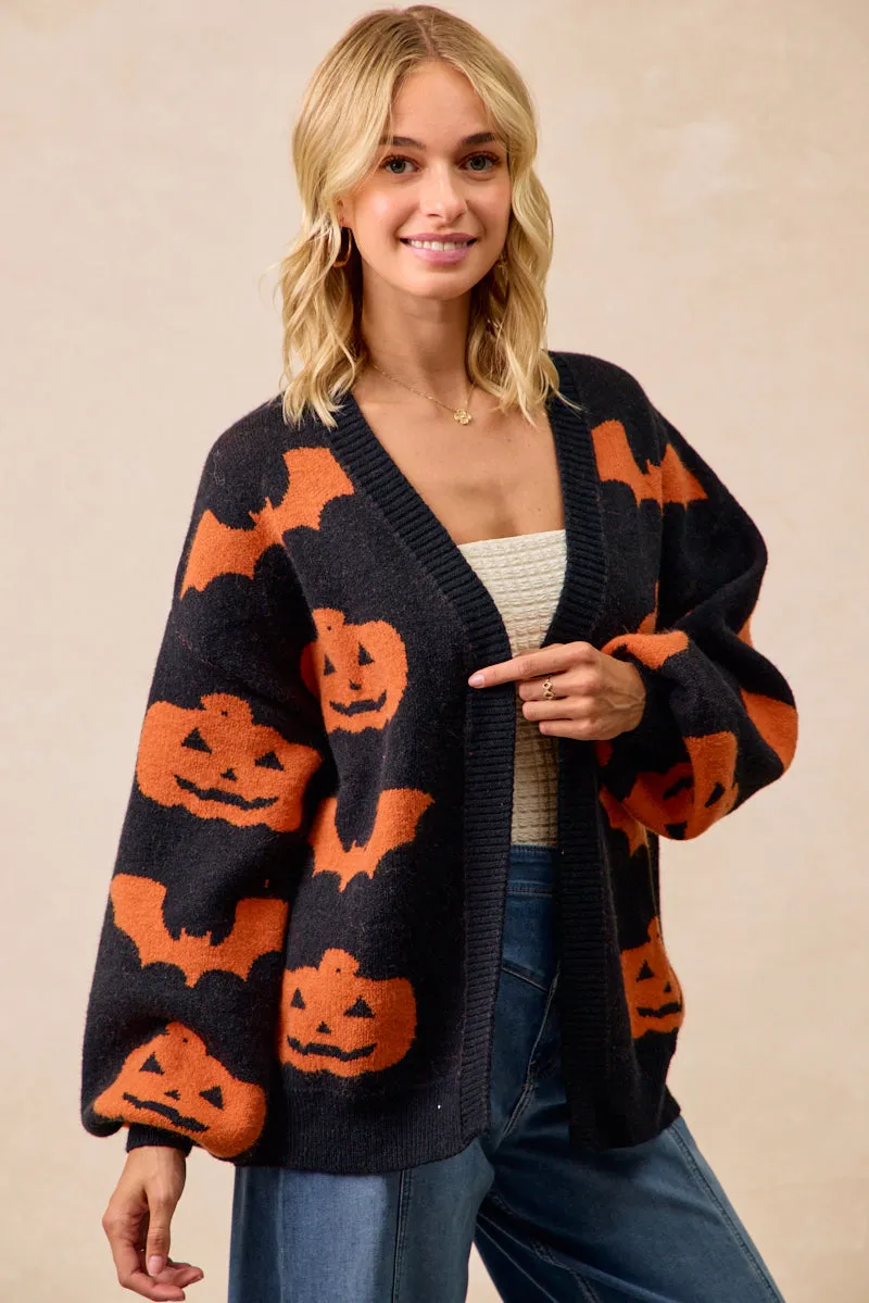 Quick Dry Fabric Statement Outerwear IT4651H-01 | HALLOWEEN PUMPKIN BAT ARTWORK OPEN FRONT CARDIGAN