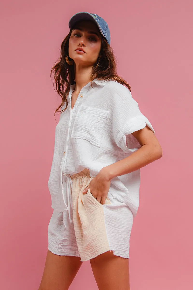 IB1768-01 | WRINKLED GAUZE SOLID WITH FRAYED EDGE DETAILS SHIRTS TOP AND COLOR BLOCK WAISTBAND WIDE Fitted waist Loose cut