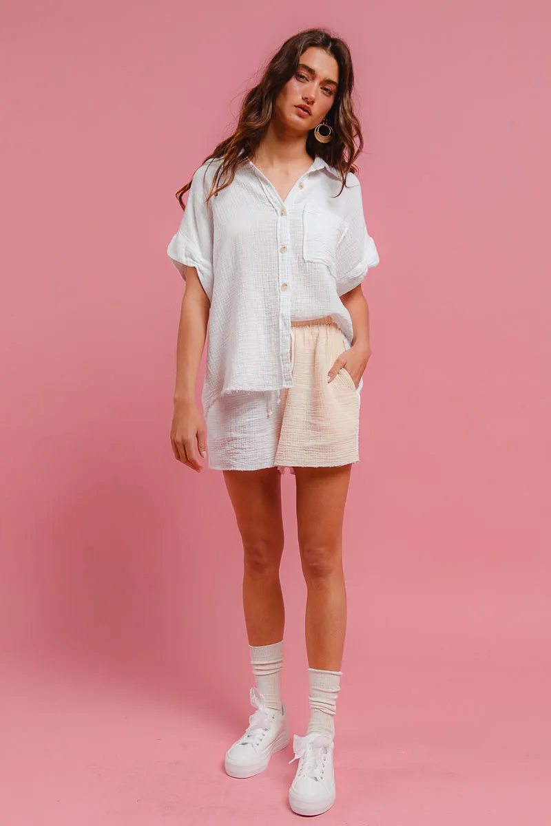 No Iron Classic Elegance IB1768-01 | WRINKLED GAUZE SOLID WITH FRAYED EDGE DETAILS SHIRTS TOP AND COLOR BLOCK WAISTBAND WIDE