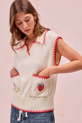IT4351S-03P | CONTRAST STITCH STRAWBERRY DOUBLE POCKET KNIT TOP Tactical Wear Seasonal Trend