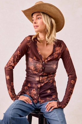 IT4487S-02P | FLOWER PRINTED MESH BUTTONED V NECK TOP Air Comfort Recycled fibers