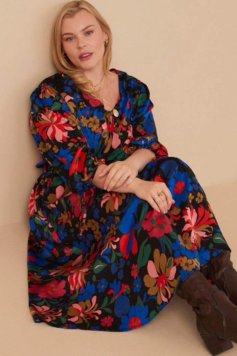 All Look Retro Floral Tie Sleeve Button Detail Dress
