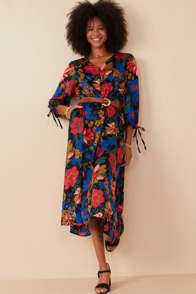 Versatile Touch Elegant Style Retro Floral Tie Sleeve Button Detail Dress