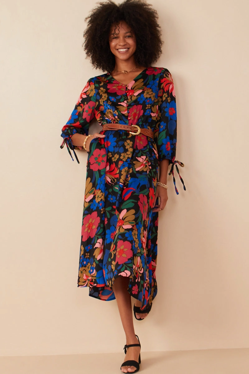 Retro Floral Tie Sleeve Button Detail Dress Smart touch