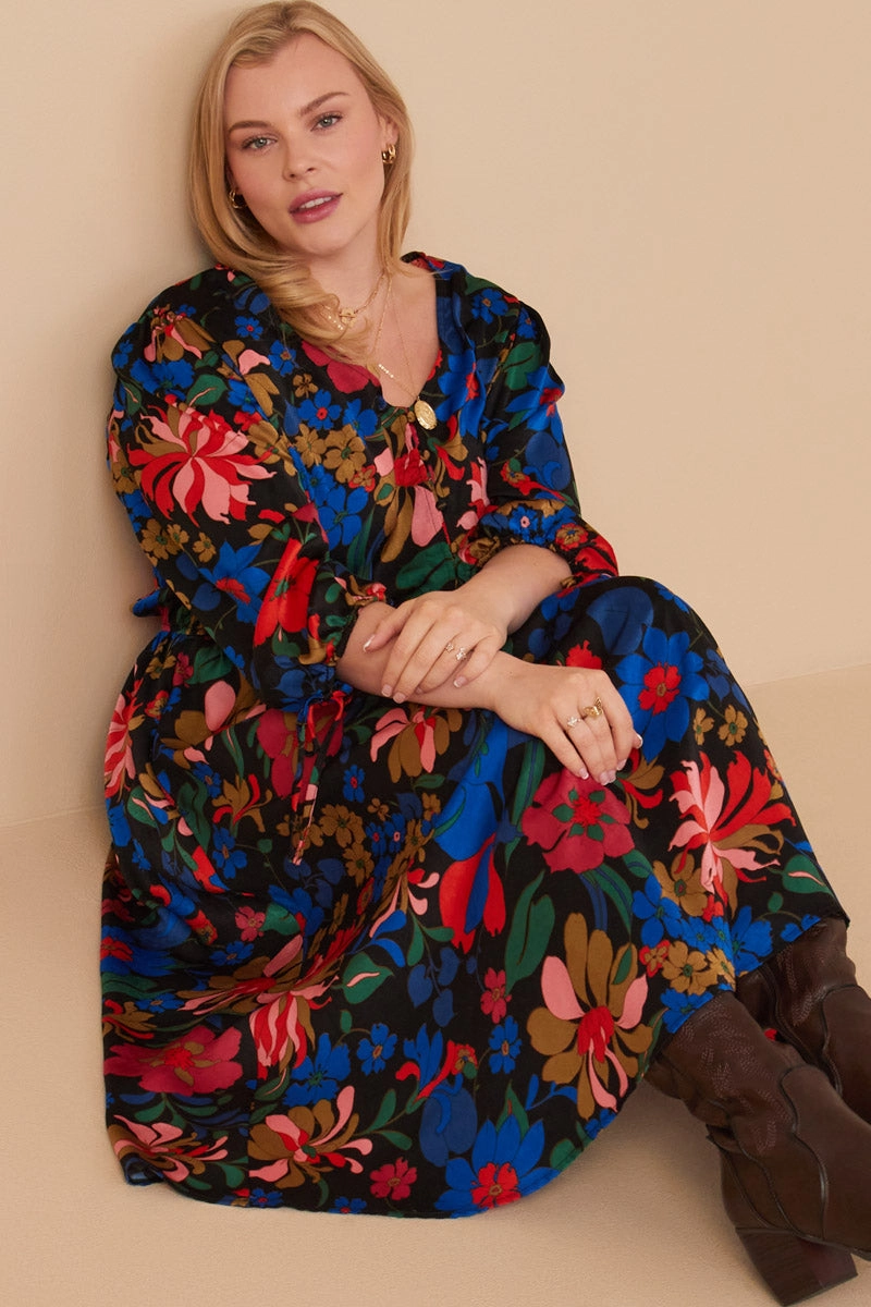 Lazy Pick Retro Floral Tie Sleeve Button Detail Dress