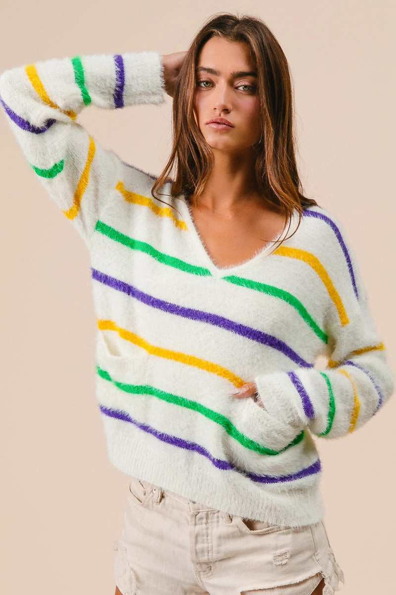 IT3133-01 | MARDI GRAS STRIPES V-NECK HAIRY SWEATER soft look One-Shoulder