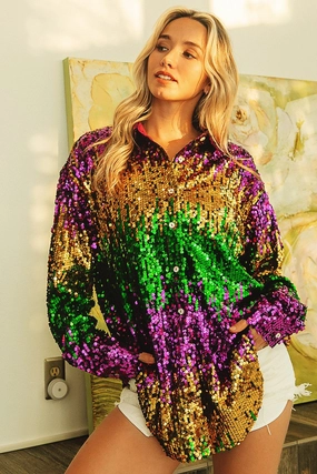 IP8700J-01 | MARDI GRAS SEQUIN COLOR BLOCK SHIRT Breath Friendly