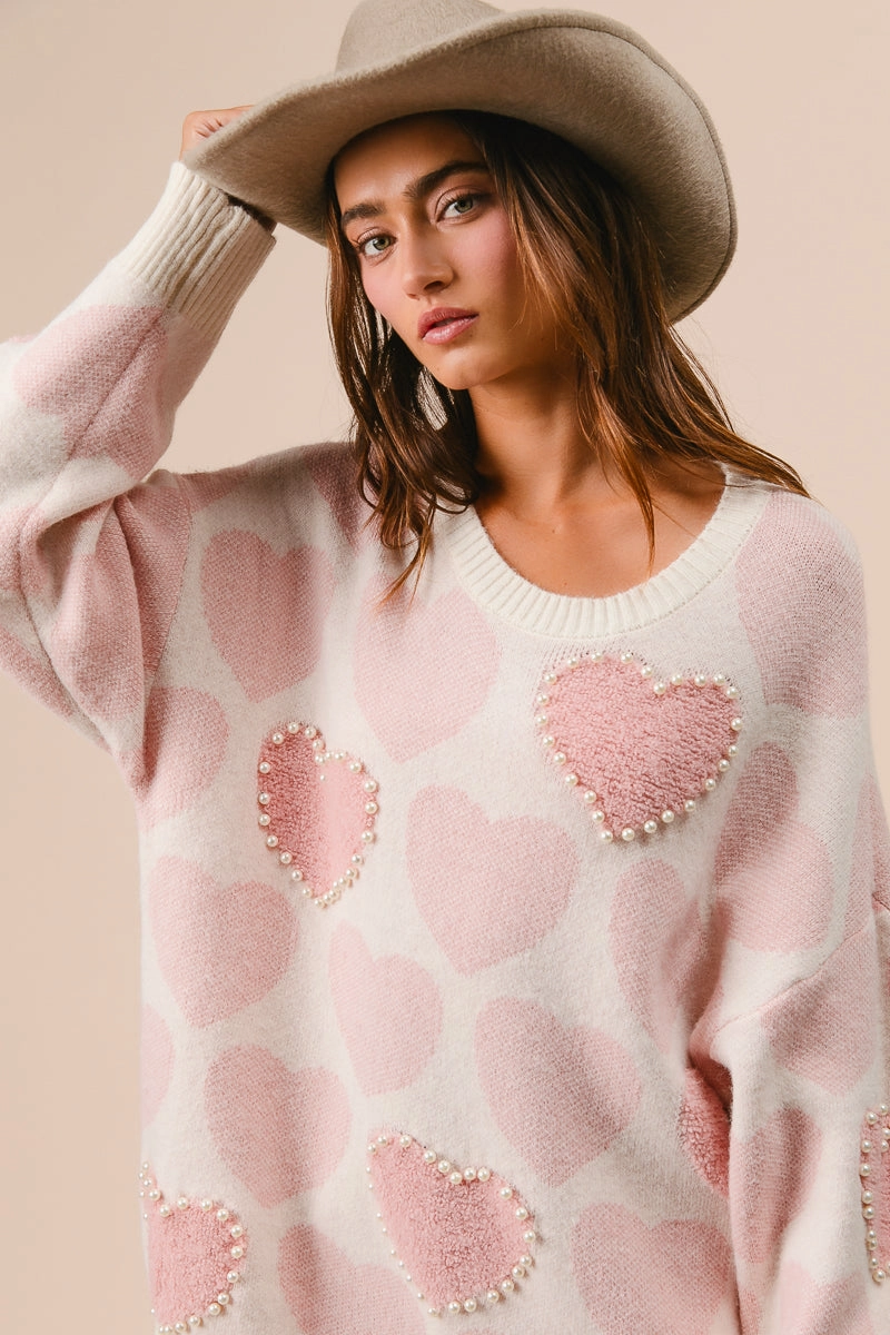 IT2773R-01 | HEART SWEATER TOP WITH PEARL DETAIL Sporty Touch Versatile Design