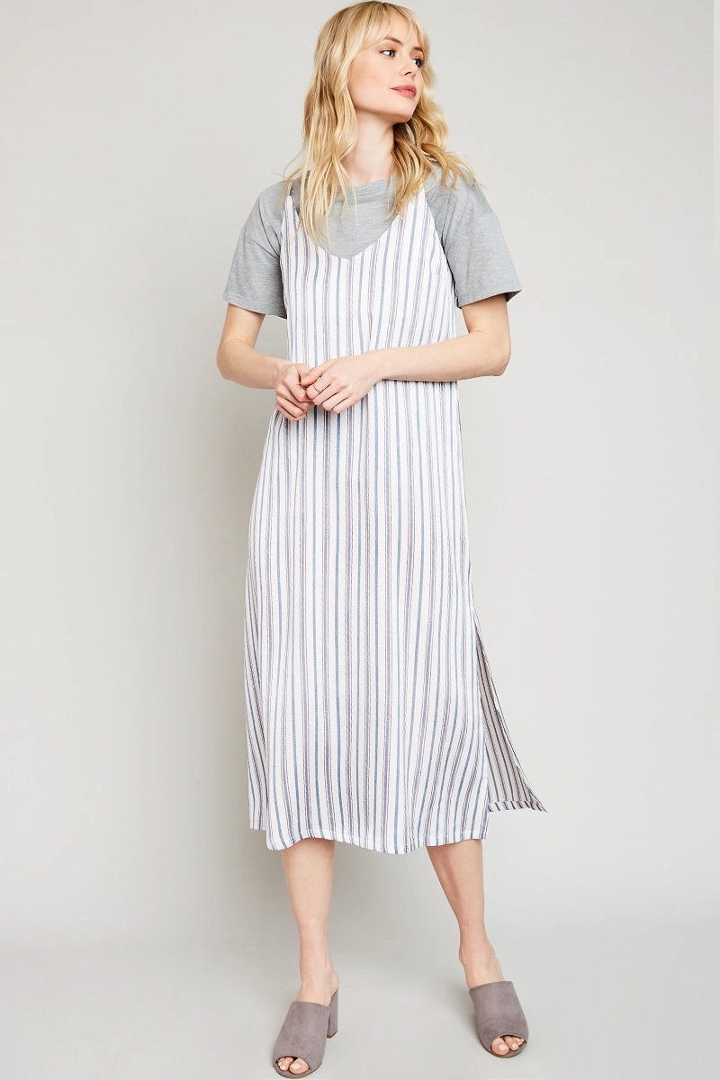 Sleeveless Stripe Midi Dress Metallic Finish Ribbed-Texture
