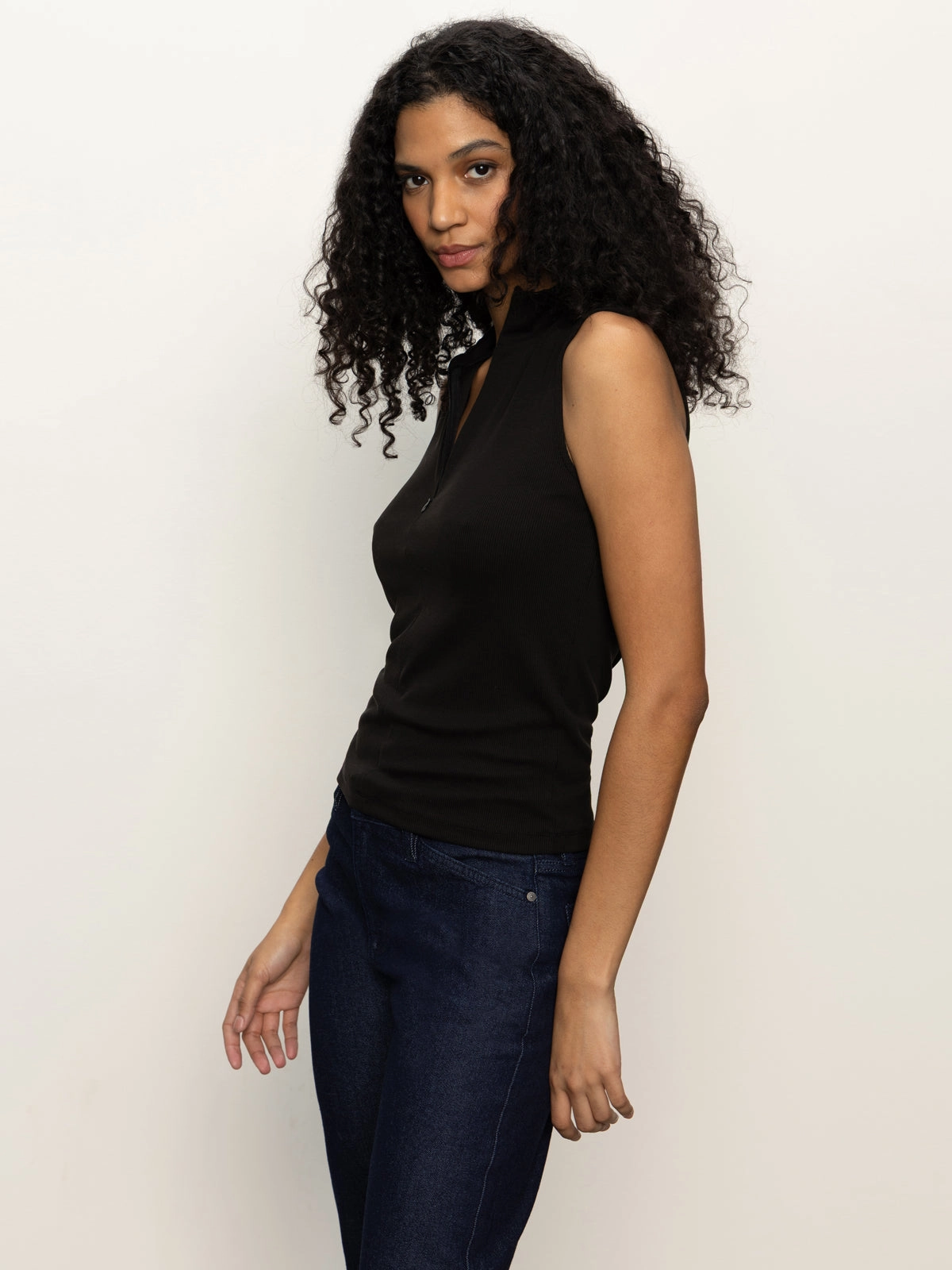 Sleeveless Zip Mock Top Black Warm Fabric