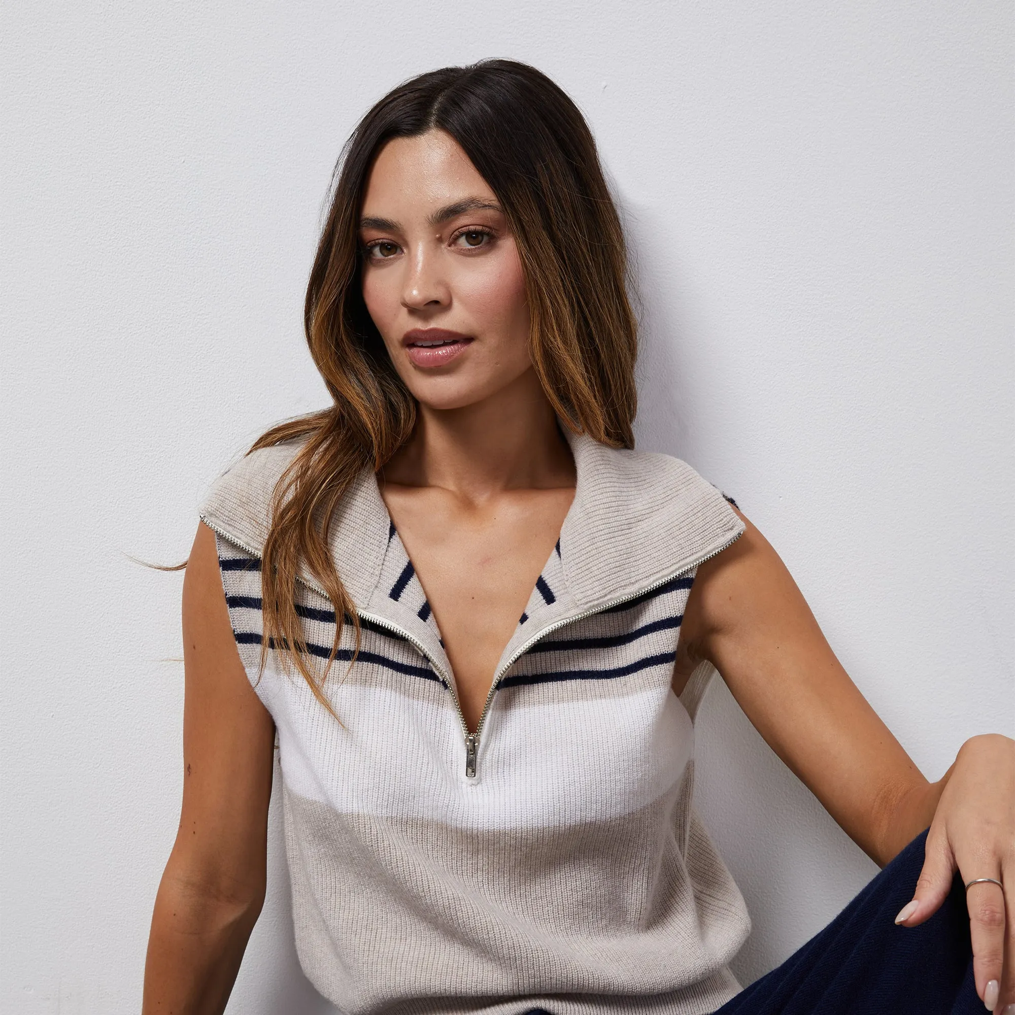 Elegant Leader Double Breasted Wool Cashmere Stripe Half Zip Vest