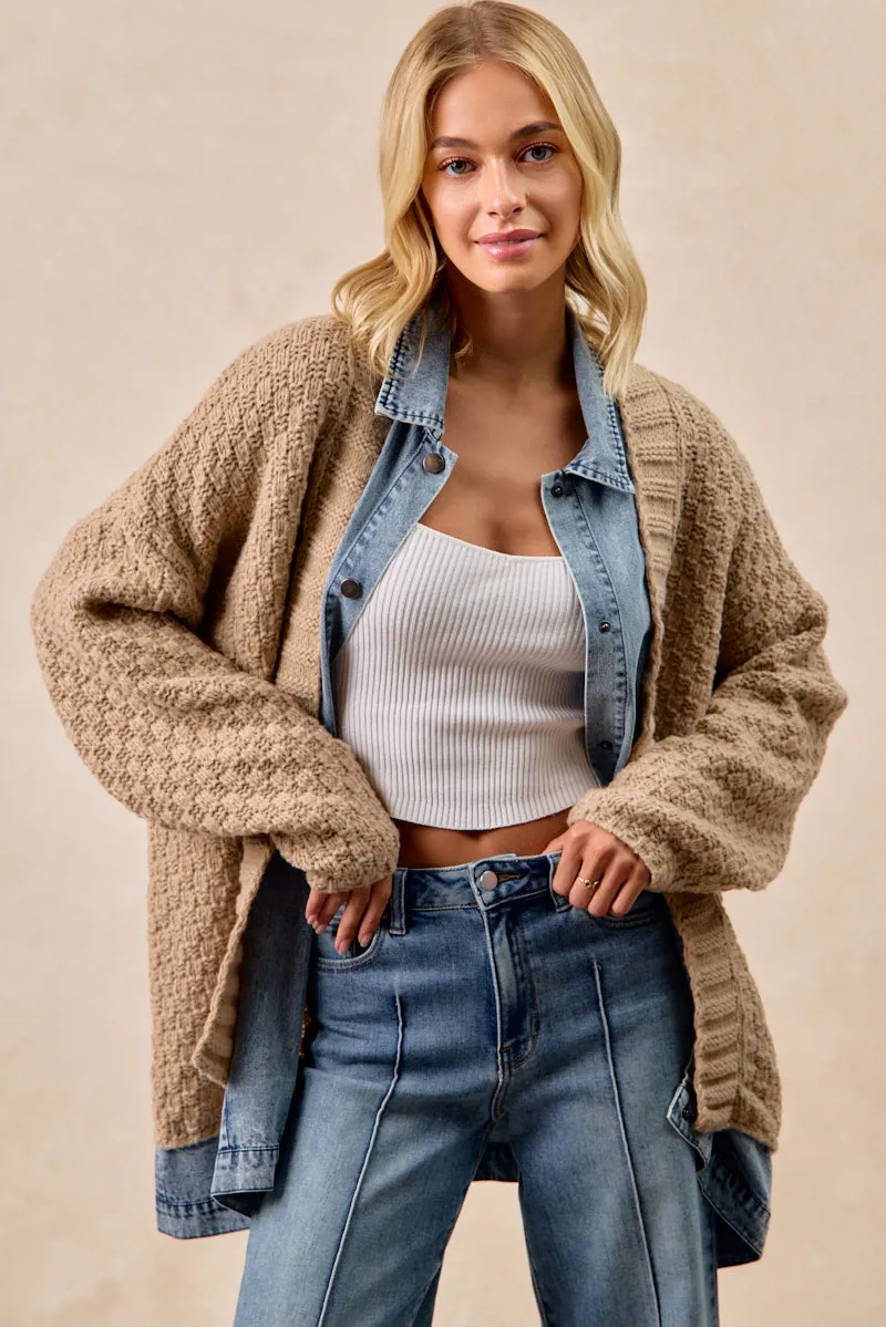 Neutral Tones Look Soft Layers IT4546G-01 | WASHED DENIM MIX AND MATCH SWEATER CARDIGAN