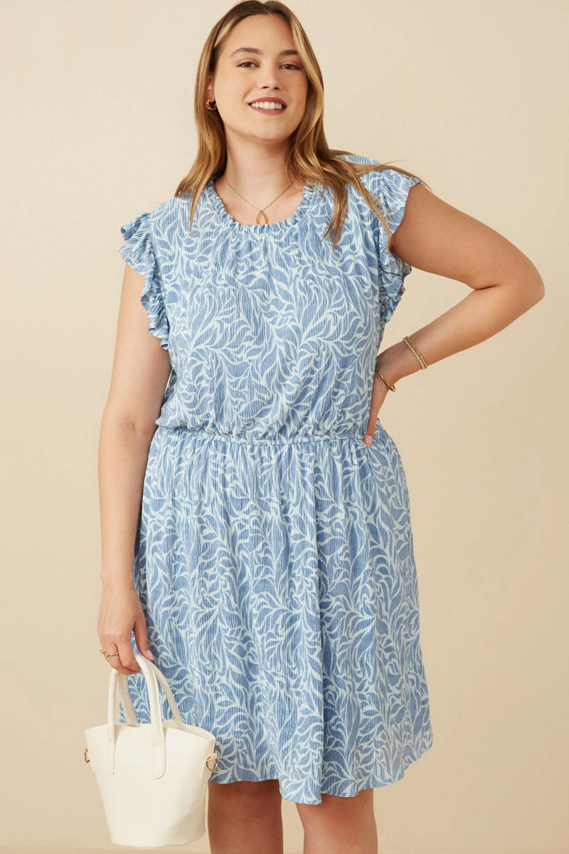 Modern Layering Slinky Pleat Botanical Print Mini Dress