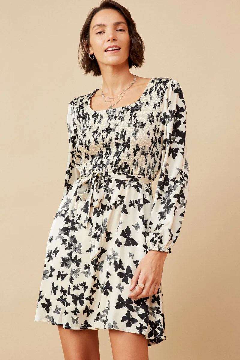Butterfly Print Smocked Satin Dress With Belt Jewel Tones Stylish Mood