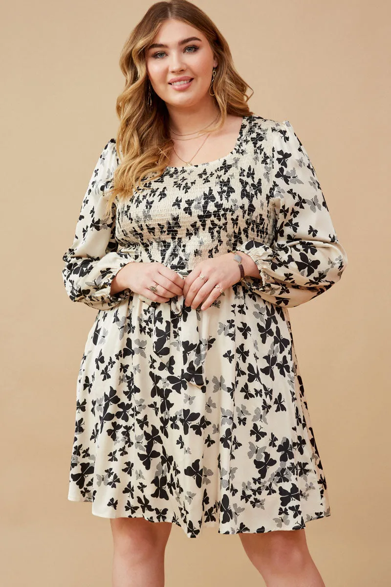 Warm Soft Butterfly Print Smocked Satin Dress With Belt