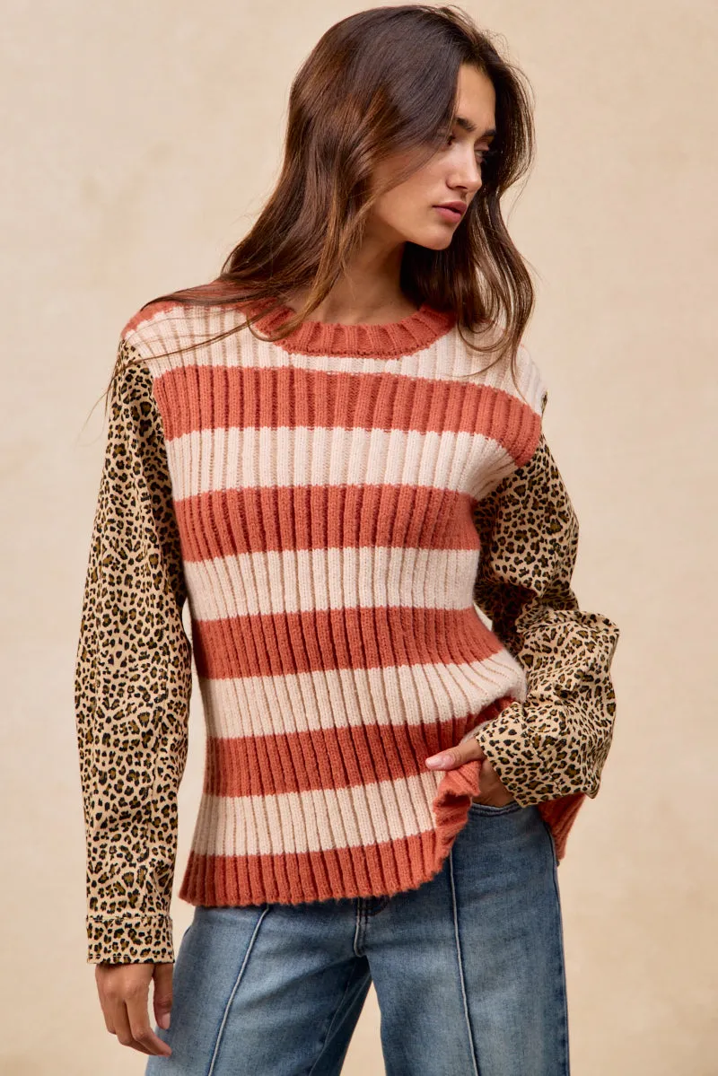 IT4812-01 | STRIPED RIB KNIT SWEATER WITH LEOPARD SLEEVES Commuter Ready Stretch waistband