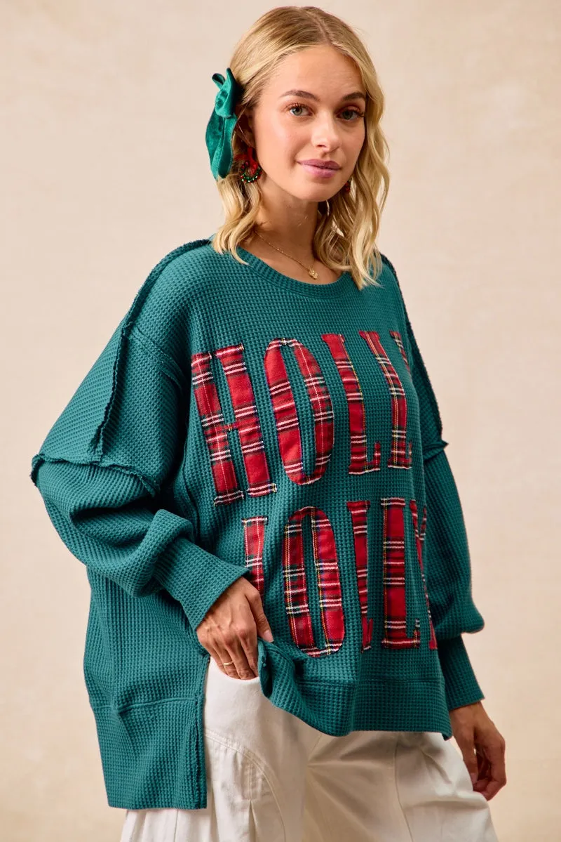 Relaxed Style IT3426G-21 | CHRISTMAS PLAID HOLLY JOLLY LETTERING SWEATSHIRT