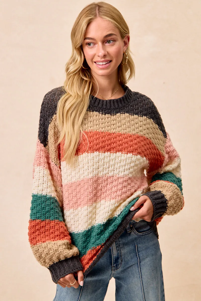 Neutral Tone Chill Look IP8435-01 | STRIPES COLOR BLOCK CHUNKY SWEATER PULLOVER