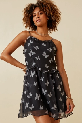 Free Shape Smock Detail Butterfly Print Chiffon Dress
