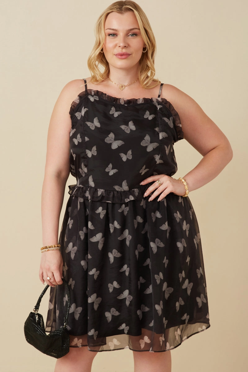 Smock Detail Butterfly Print Chiffon Dress Sleek Form Timeless Style