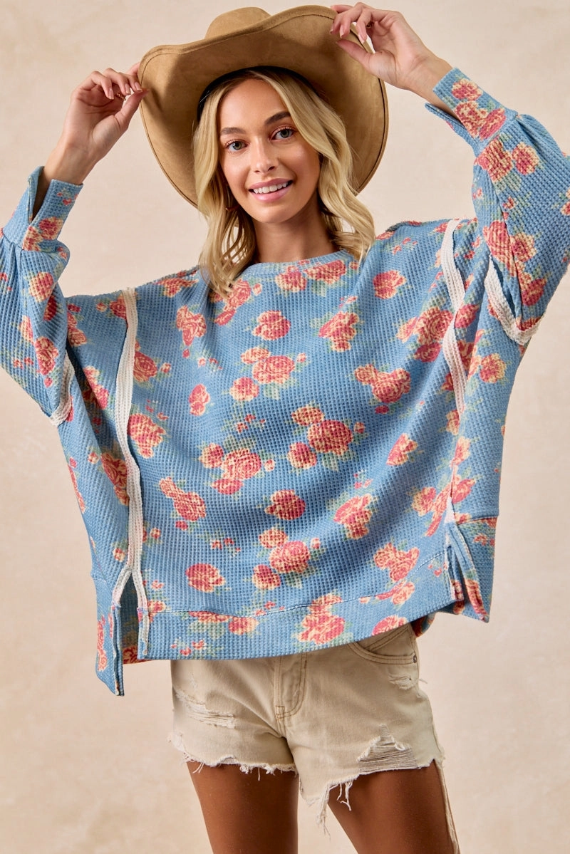 IT3426G-30 | FLORAL PRINT OVERSIZED WAFFLE THERMAL SWEATSHIRT Move Easy Structured fabric