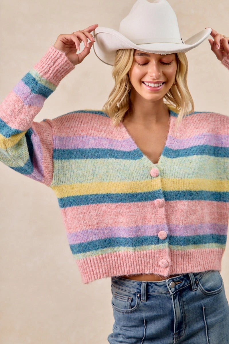 IT4724-01 | MULTI COLOR STRIPED SWEATER CARDIGAN WITH BUTTON Tall Length