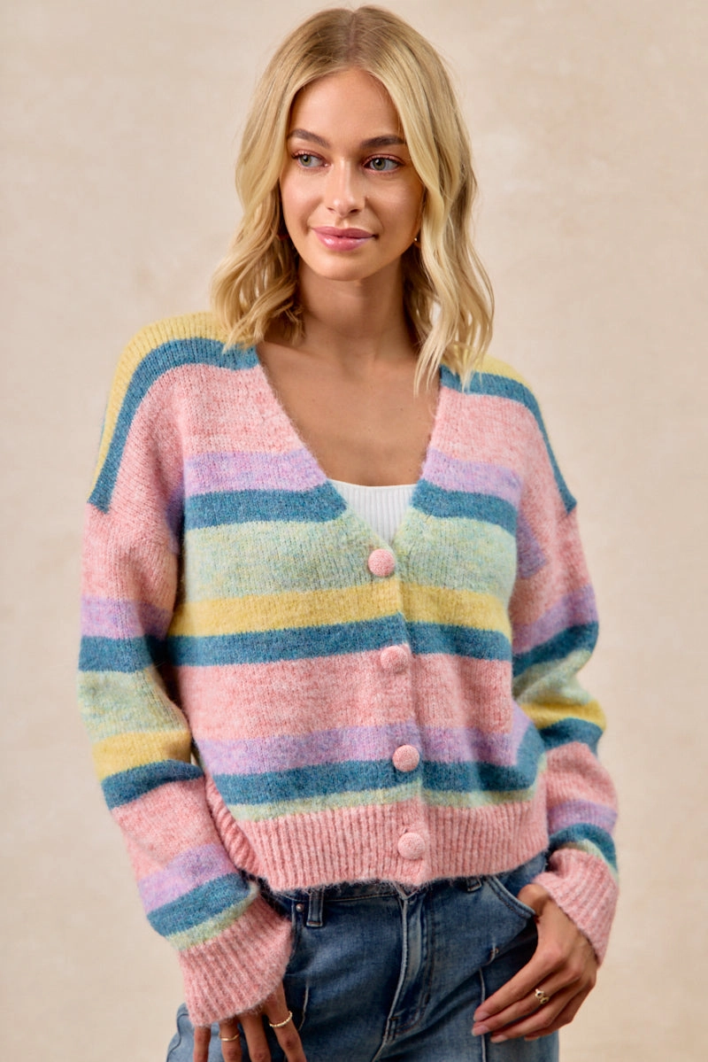 Feminine Fit IT4724-01 | MULTI COLOR STRIPED SWEATER CARDIGAN WITH BUTTON