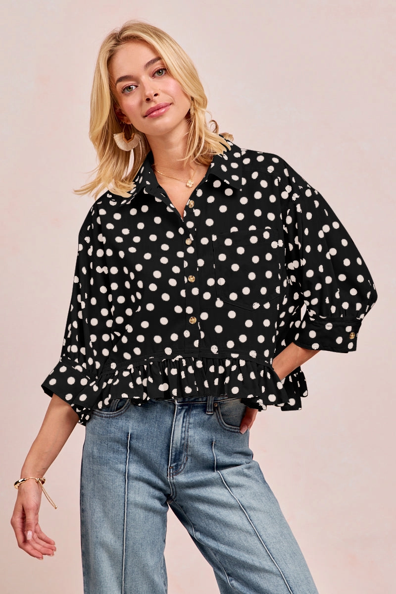 Minimal Detail IT4071R-02 | POLKA DOT PRINTED PEPLUM TOP WITH FRONT BUTTON
