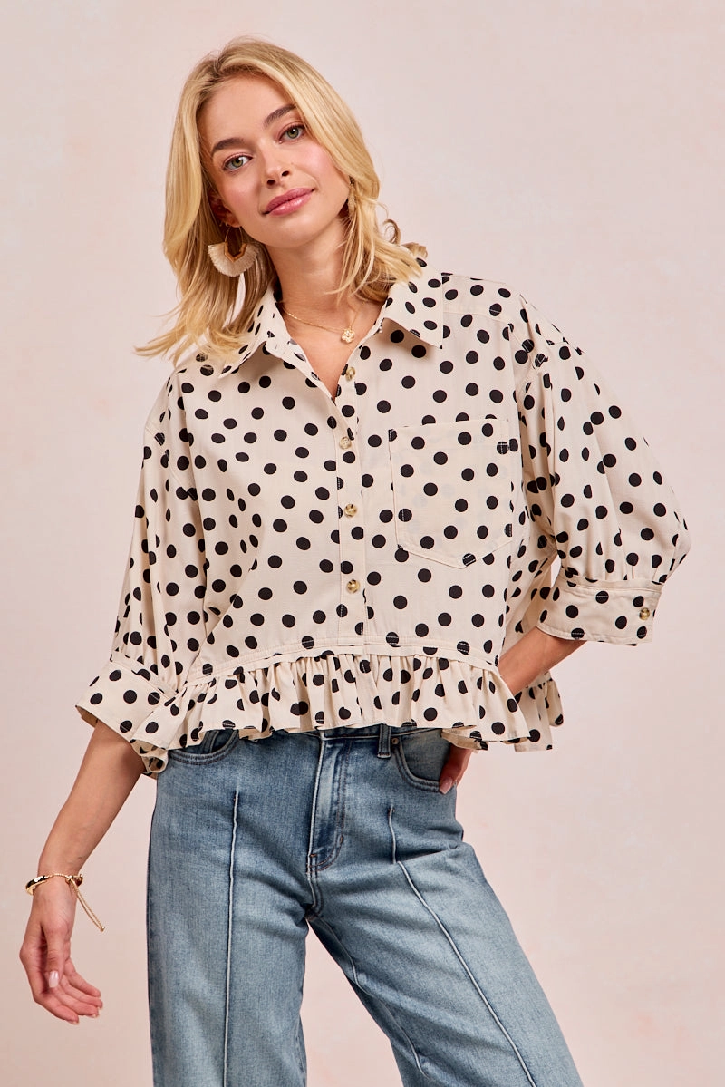 IT4071R-02 | POLKA DOT PRINTED PEPLUM TOP WITH FRONT BUTTON Clean Fit Design Heavyweight Warmth