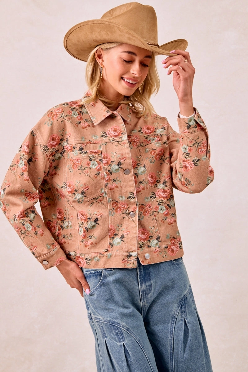 Dynamic Fit Comfy Waistband IT4441S-01 | WASHED FLORAL PRINTED DENIM JACKET WITH BACK PLEAT