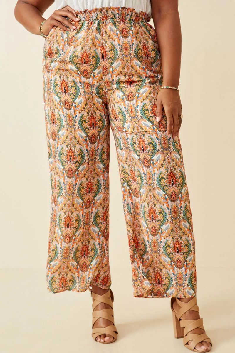 Smock Waist Paisley Print Wide leg Pants Stay Flexible