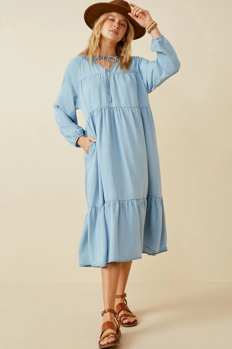Smock Detail Tie Neck Long Sleeve Tencel Dress Sleek Mood