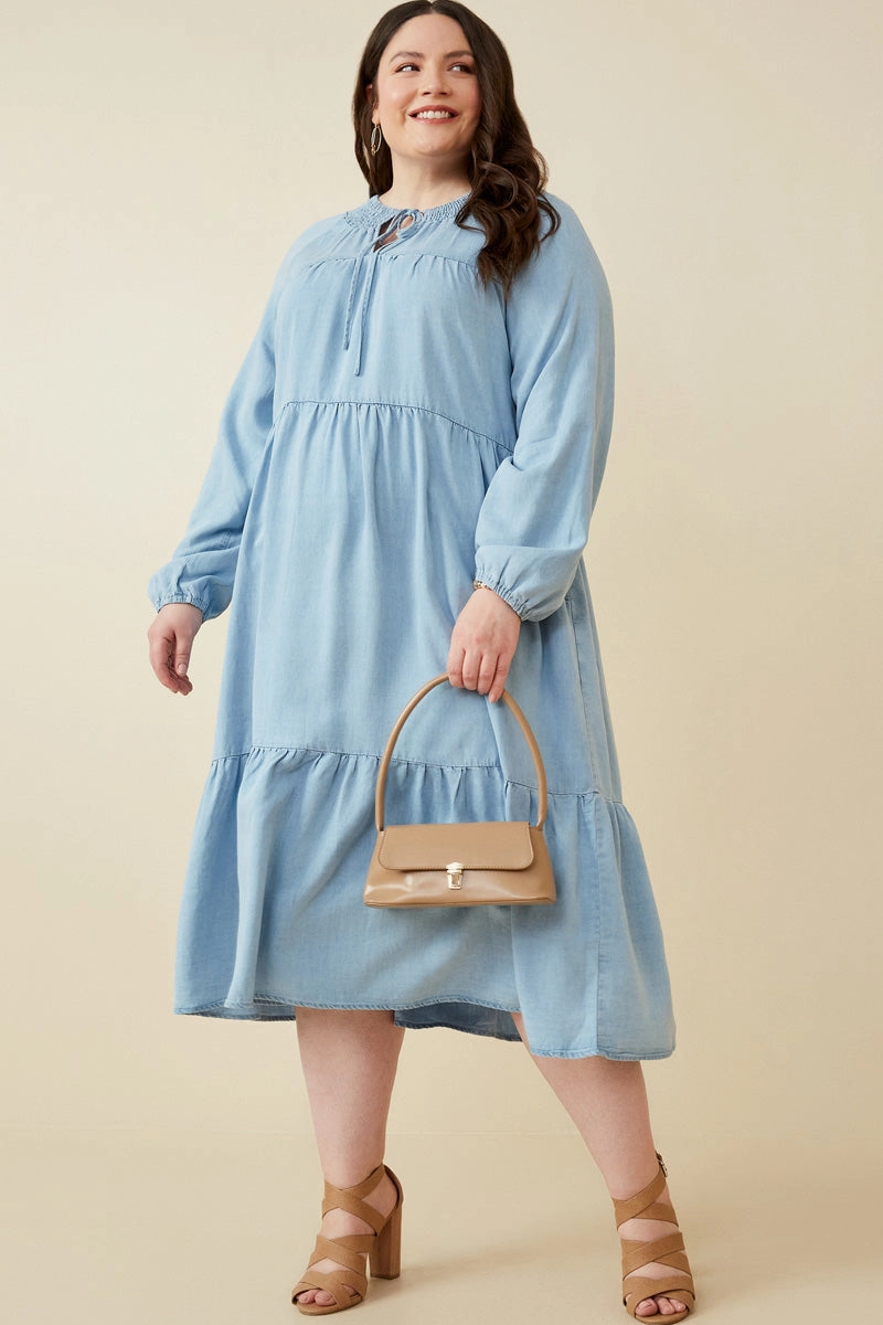 Lightweight Layer Smock Detail Tie Neck Long Sleeve Tencel Dress