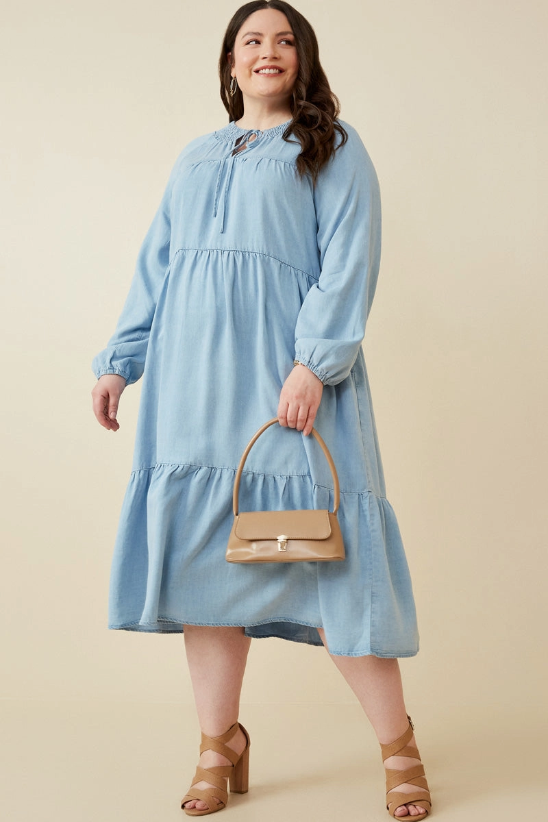 Smock Detail Tie Neck Long Sleeve Tencel Dress Casual Vibe Balanced Mood