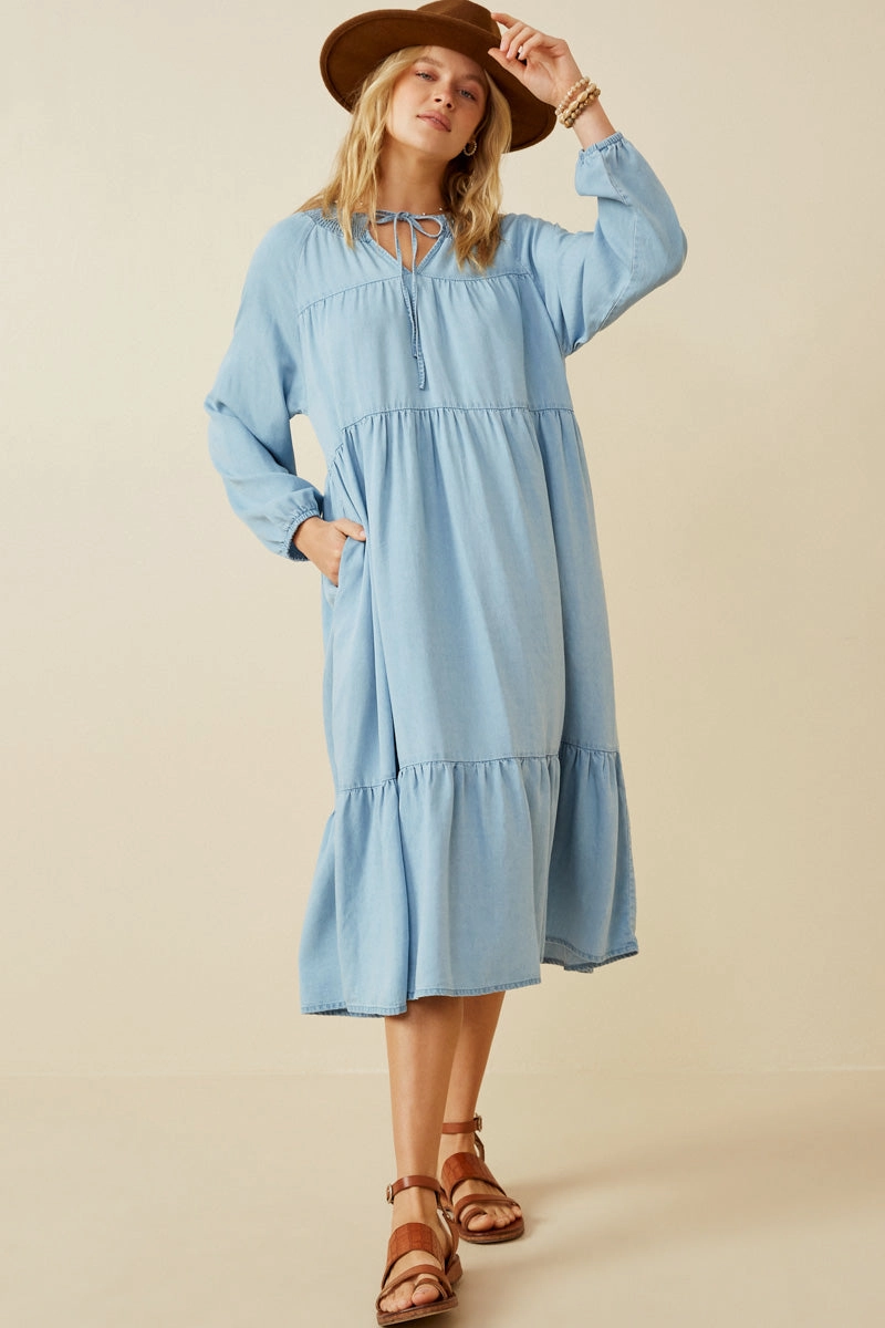 Smock Detail Tie Neck Long Sleeve Tencel Dress Easy Mood Form Fit