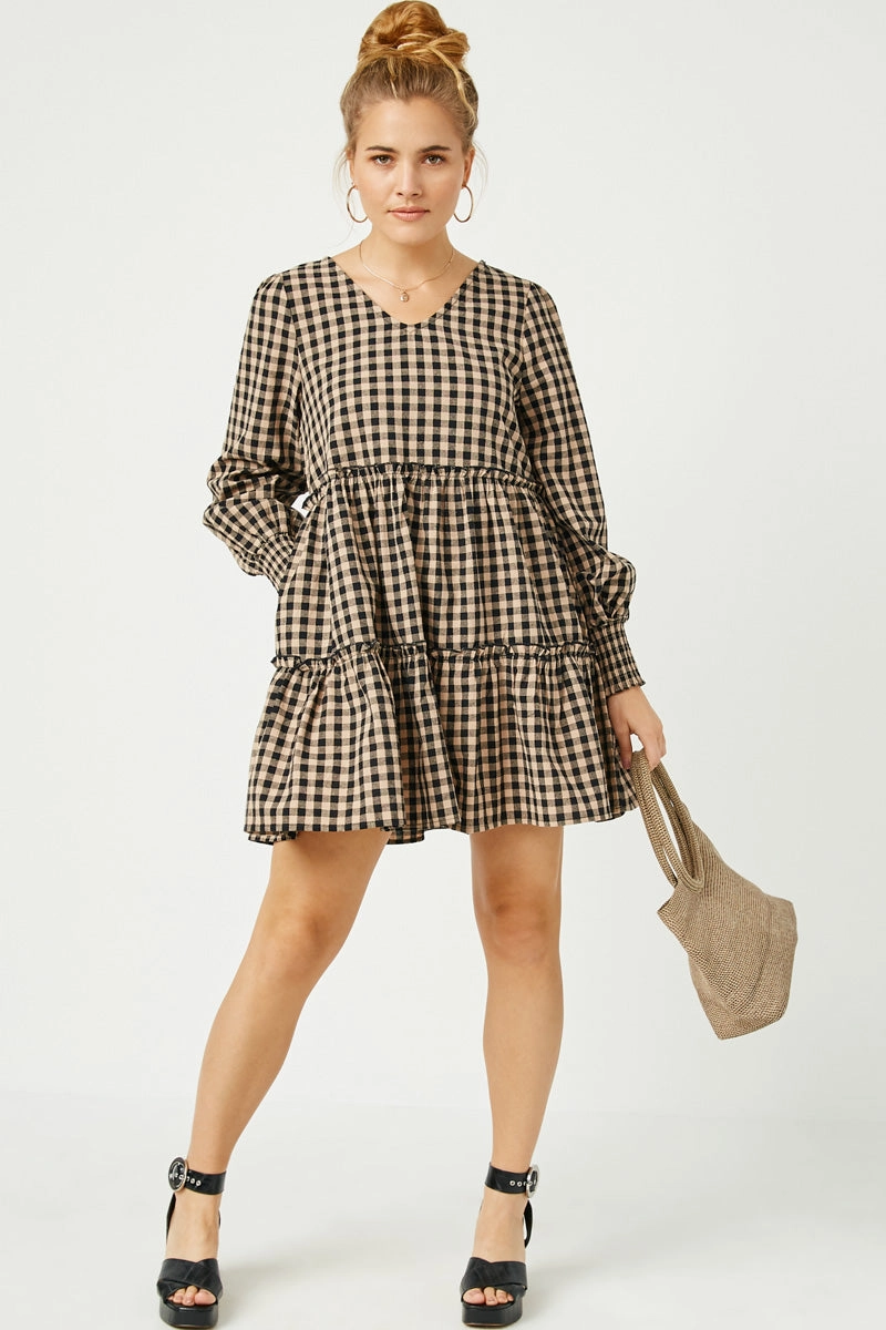 Smocked Cuff V Neck Tiered Plaid Dress Edgy Layers Pastel-Tone