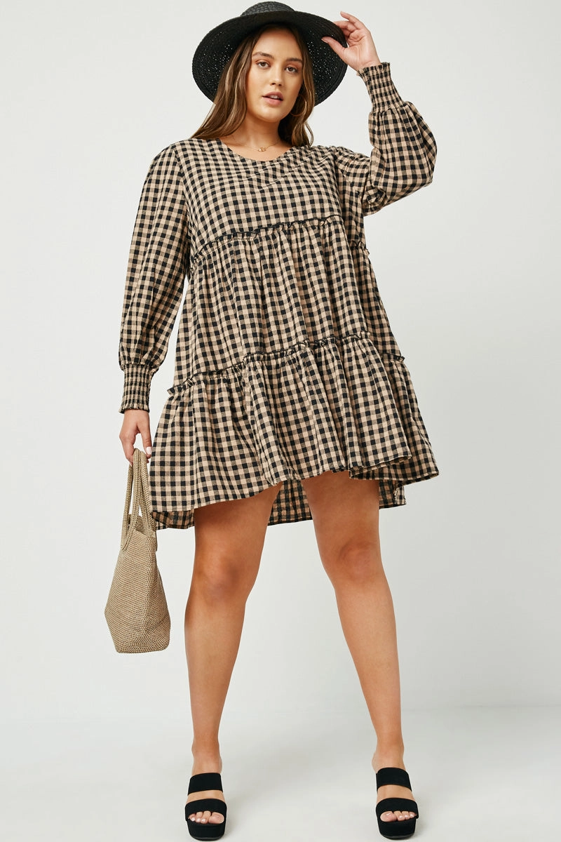 Cool Look Ethereal Vibe Smocked Cuff V Neck Tiered Plaid Dress