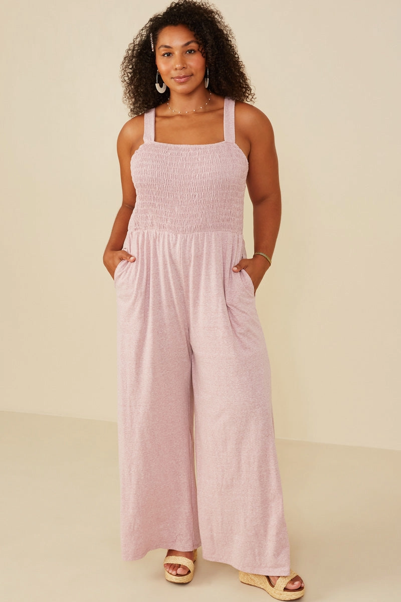 Smocked Strappy Marled Knit Jumpsuit Walk Free Curve-Enhancing