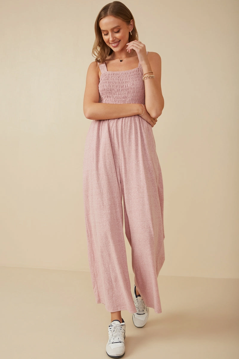 Soft-touch Smocked Strappy Marled Knit Jumpsuit