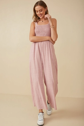Puff-Sleeve Day Chic Smocked Strappy Marled Knit Jumpsuit