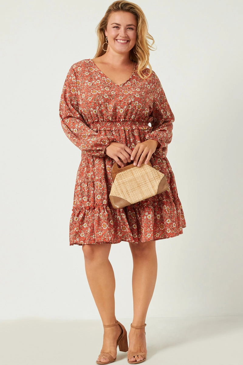 Mood Glow Crisp Finish Smocked Waist Ruffled Tiered V Neck Dress