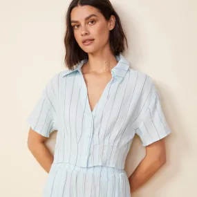 Pinstripe Gauze Cropped Short Sleeve Elegant Corporate