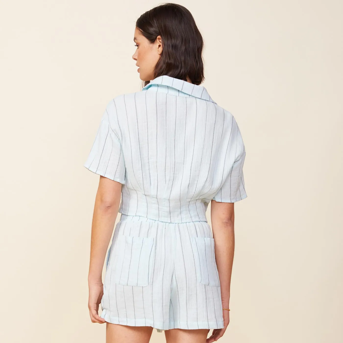 Smooth Style Pinstripe Gauze Cropped Short Sleeve