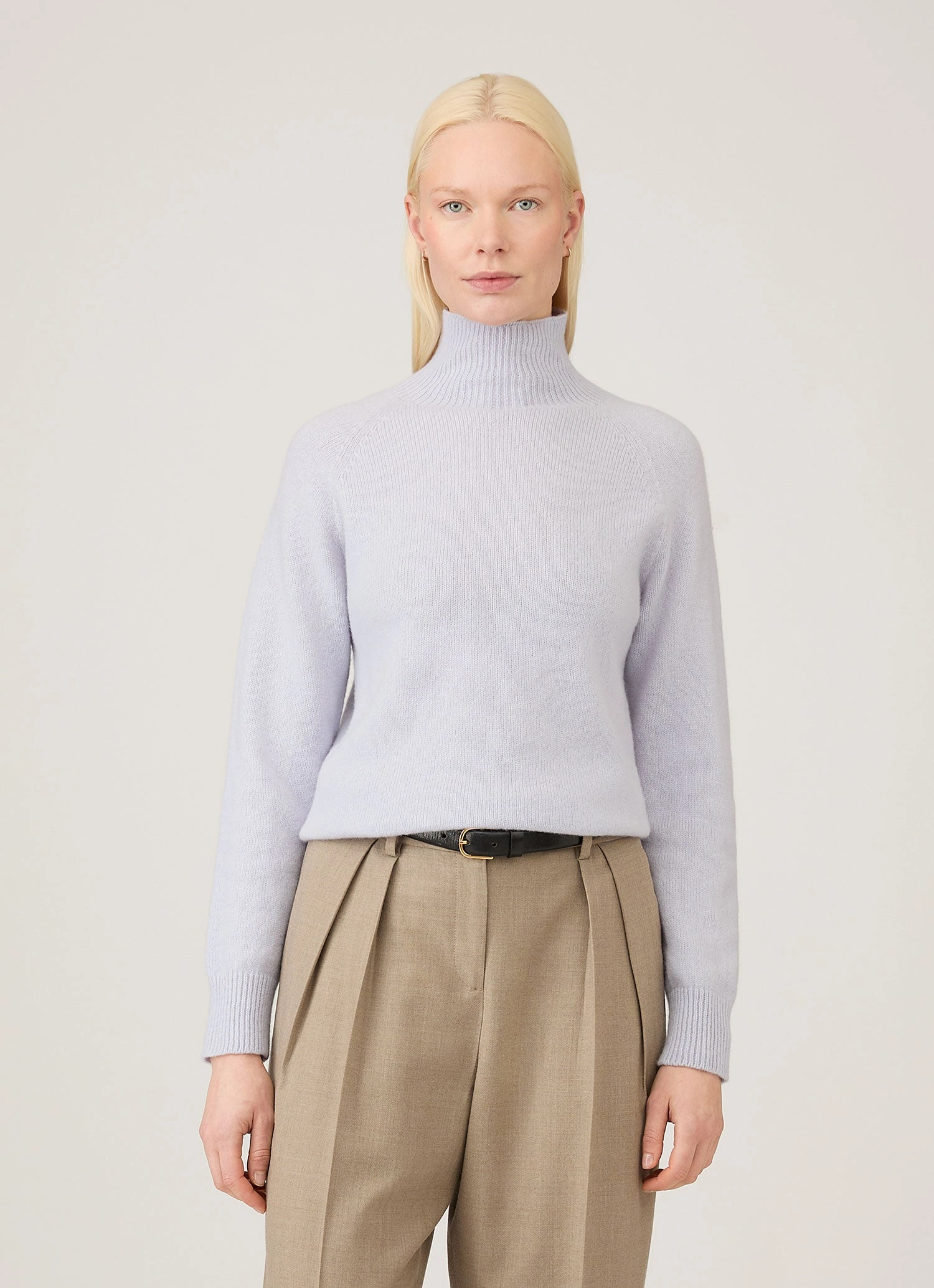 Women's Lambswool Funnel Neck Jumper in Ice Blue early winter match